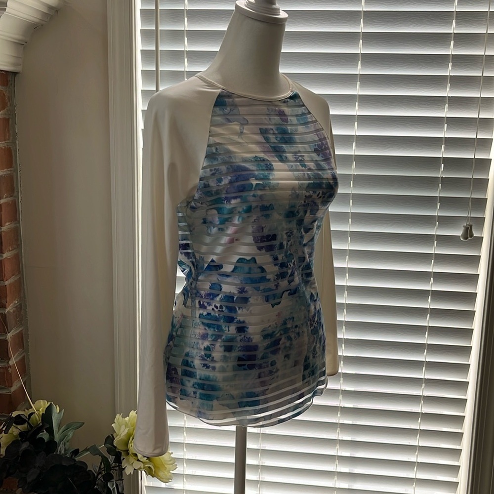 Denise Cronwall long sleeved blue, white, purple striped top size small